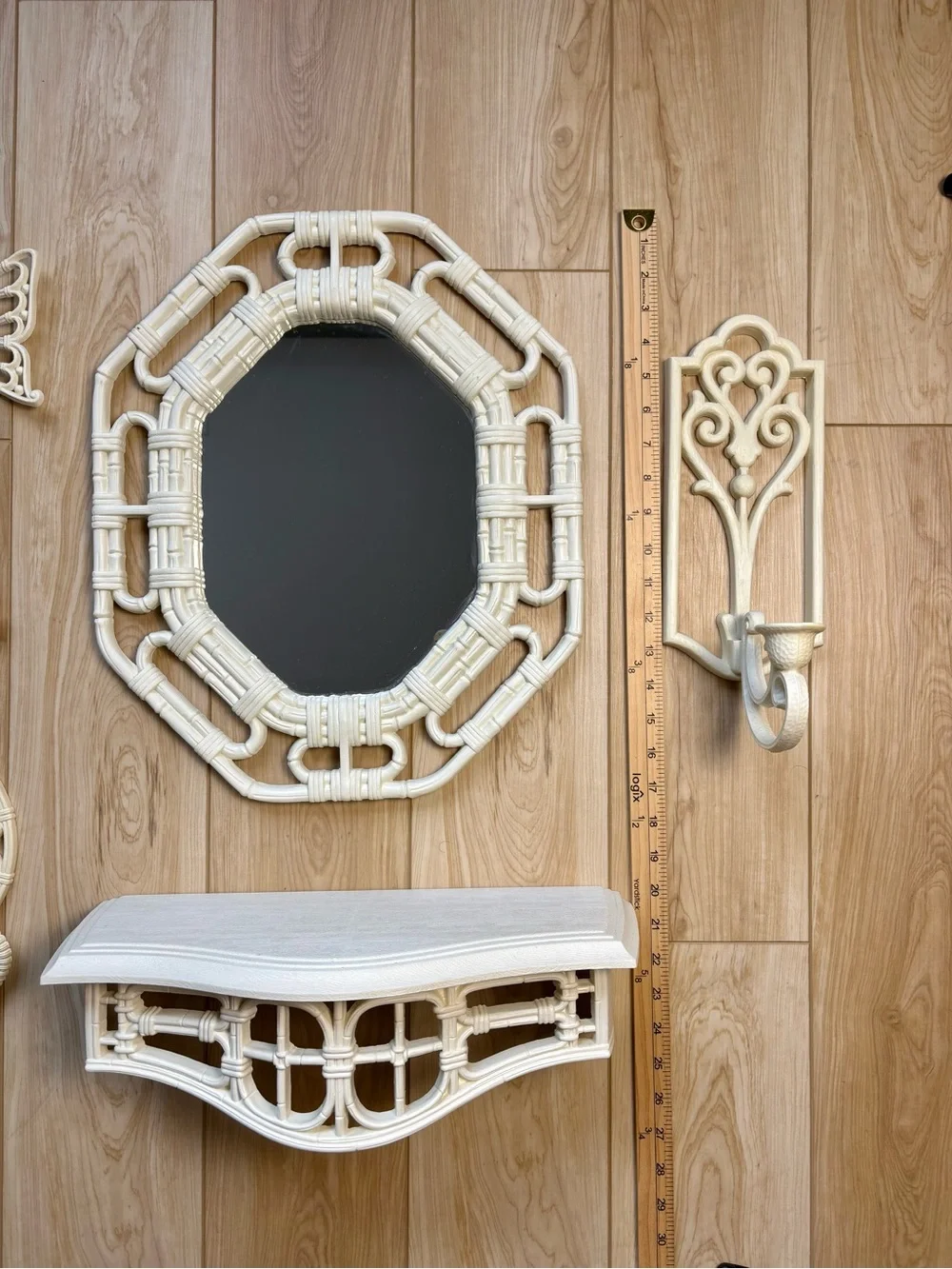 Vintage decor boho bamboo wicker mirror butterflies shelf towel & candle holder